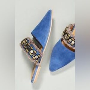 Anthropologie Blue Suede Embellished Slip-on Pointed toe mules shoes